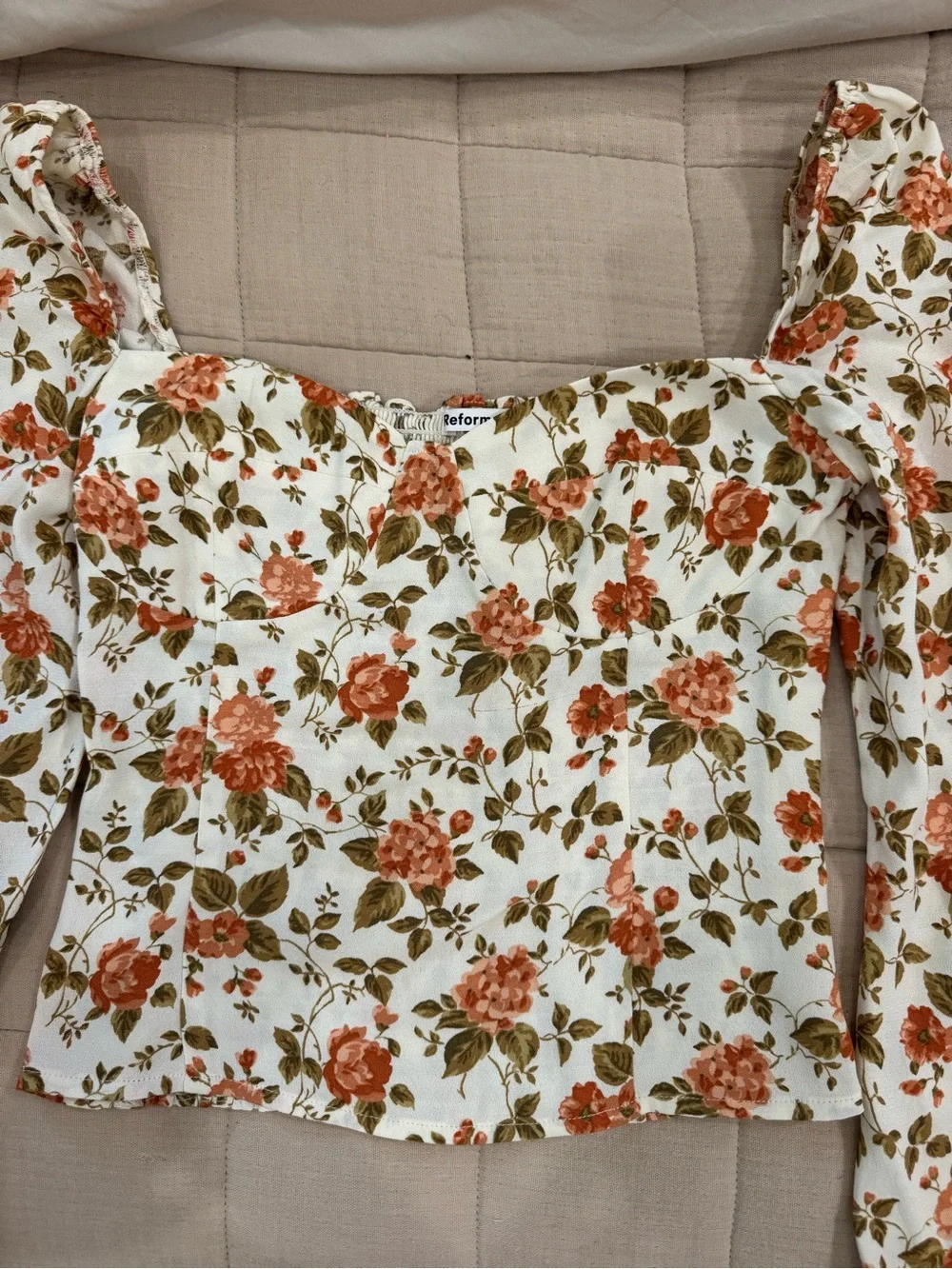 Reformation Floral Sweetheart Puff-Sleeve Top in Cream and Coral